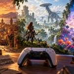 Illustration d’une manette devant trois univers de jeux, du polar à la science-fiction