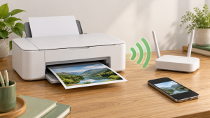 Imprimante domestique reliée symboliquement en Wi-Fi à un routeur, avec un smartphone sur le bureau