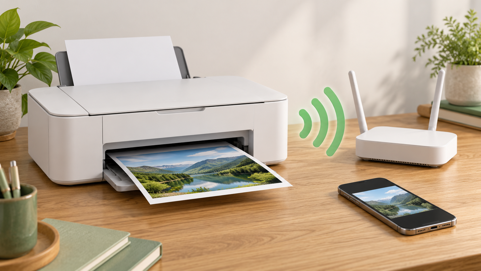 Imprimante domestique reliée symboliquement en Wi-Fi à un routeur, avec un smartphone sur le bureau