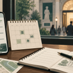 Téléphone, calendrier et carnet de visite devant un bâtiment générique