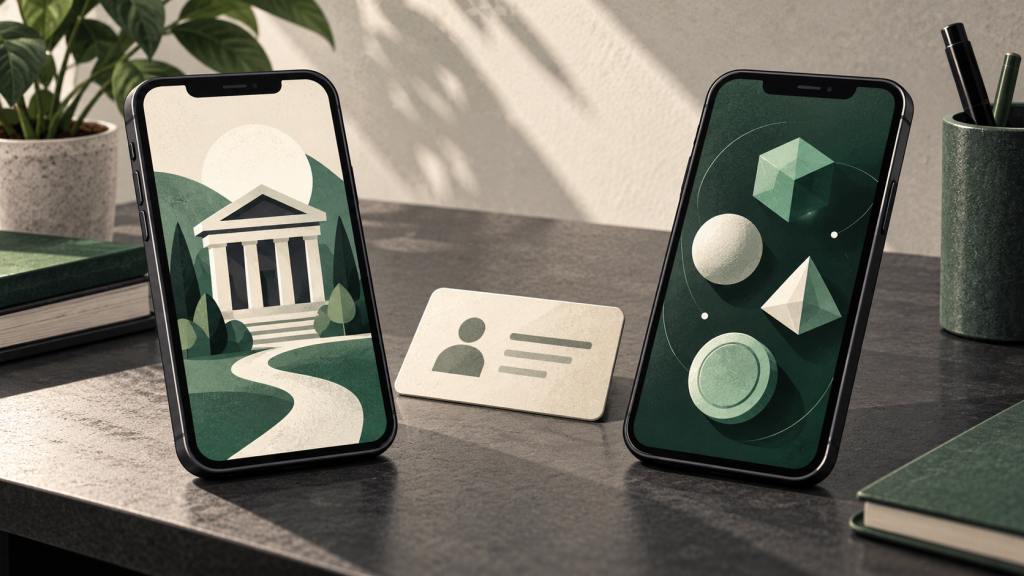 Deux téléphones et une carte de membre illustrant des usages mobiles différents, sans interface officielle