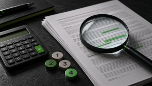 Calculatrice et loupe posées sur un contrat pour illustrer la lecture des conditions de mise