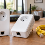 Deux adaptateurs CPL génériques avec un câble Ethernet jaune sur un bureau