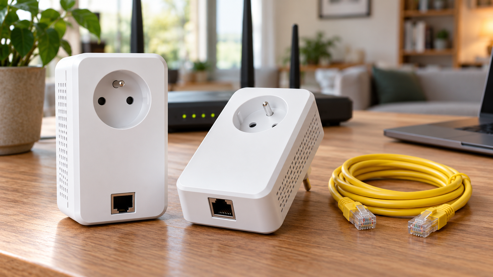 Deux adaptateurs CPL génériques avec un câble Ethernet jaune sur un bureau