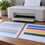 Imprimante et deux feuilles illustrant des bandes de couleur irrégulières puis un rendu net