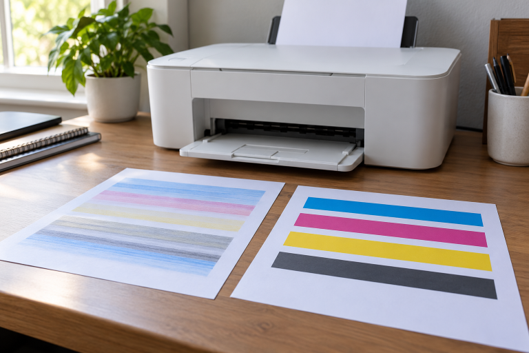 Imprimante et deux feuilles illustrant des bandes de couleur irrégulières puis un rendu net