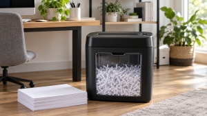 Destructeur de papier noir et corbeille de fragments dans un bureau lumineux