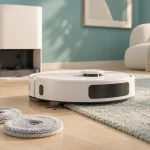 Illustration IA d’un robot aspirateur laveur générique et de sa station