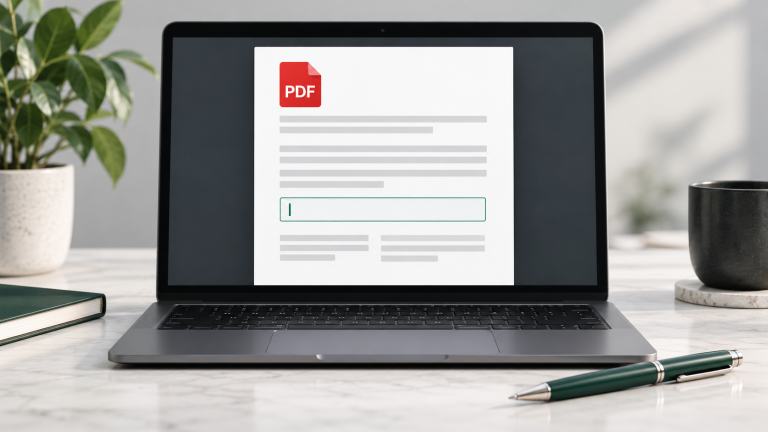 Illustration d’un formulaire PDF avec un champ de texte sur un ordinateur portable