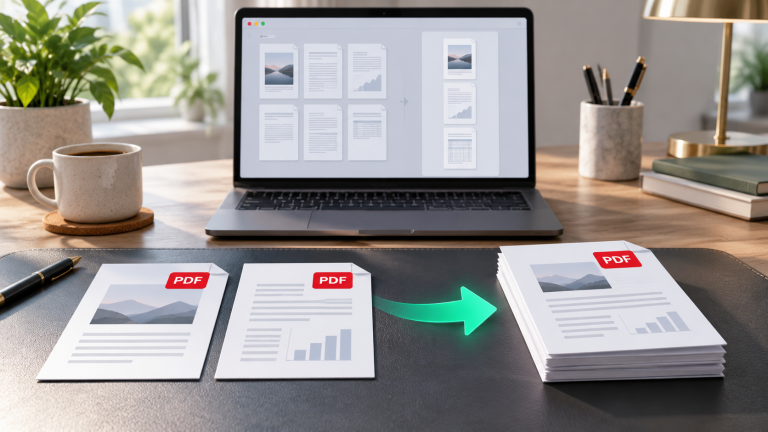 Illustration de plusieurs documents PDF réunis dans un seul dossier, avec un ordinateur en arrière-plan