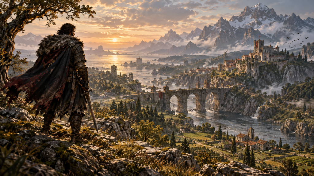 Illustration d’un mercenaire devant un paysage médiéval et montagneux, inspirée de Crimson Desert