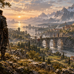 Illustration d’un mercenaire devant un paysage médiéval et montagneux, inspirée de Crimson Desert