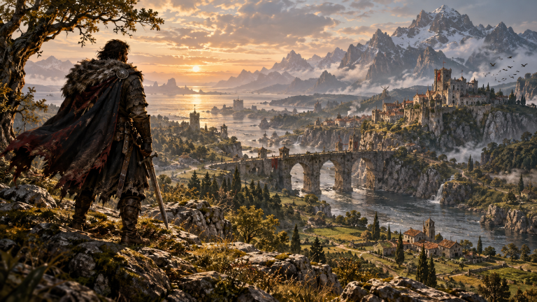 Illustration d’un mercenaire devant un paysage médiéval et montagneux, inspirée de Crimson Desert