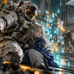 Illustration d’un astronaute et d’une enfant androïde dans une station lunaire, inspirée de Pragmata