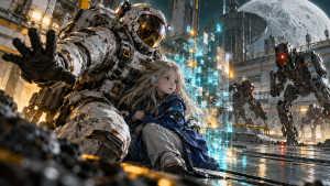Illustration d’un astronaute et d’une enfant androïde dans une station lunaire, inspirée de Pragmata