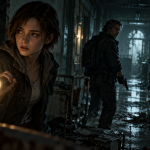 Illustration inspirée de Resident Evil Requiem : une enquêtrice et un agent dans un couloir inquiétant