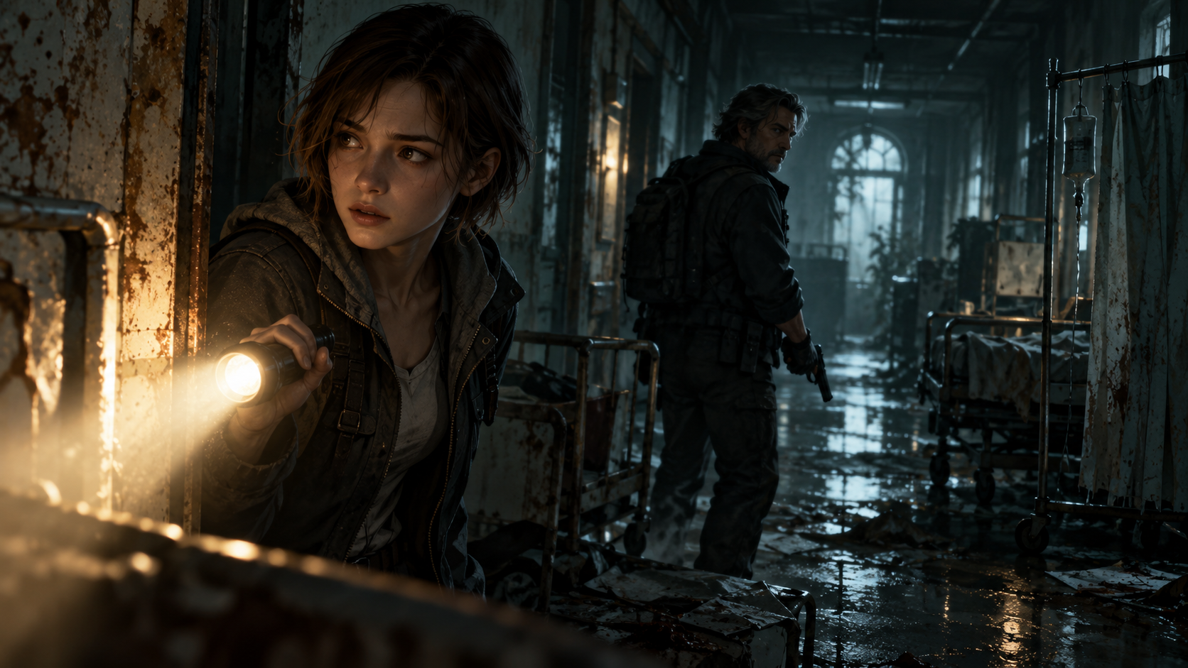 Illustration inspirée de Resident Evil Requiem : une enquêtrice et un agent dans un couloir inquiétant