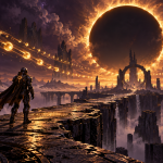Illustration d’un explorateur en armure sous une éclipse sur une planète hostile