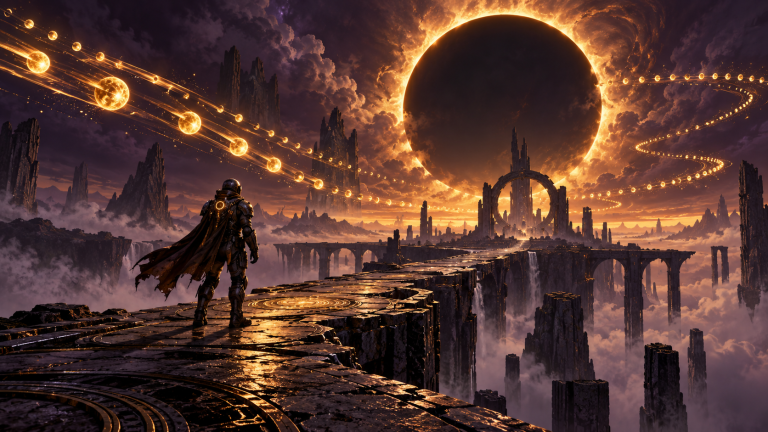 Illustration d’un explorateur en armure sous une éclipse sur une planète hostile