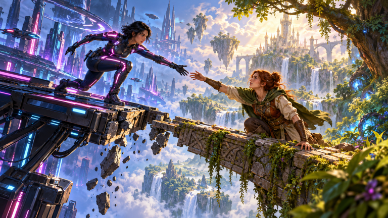 Deux aventurières coopèrent entre un univers futuriste et une forêt fantastique