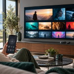 Illustration d’une interface de streaming sur un téléviseur avec une télécommande sur smartphone