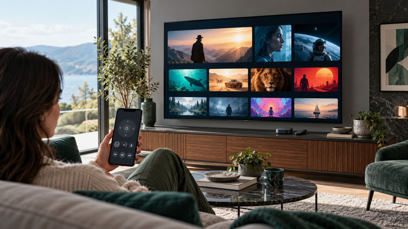 Illustration d’une interface de streaming sur un téléviseur avec une télécommande sur smartphone