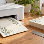 Imprimante et cartes épaisses décorées d’un motif végétal sur un bureau