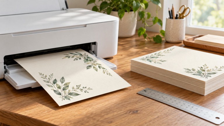 Imprimante et cartes épaisses décorées d’un motif végétal sur un bureau