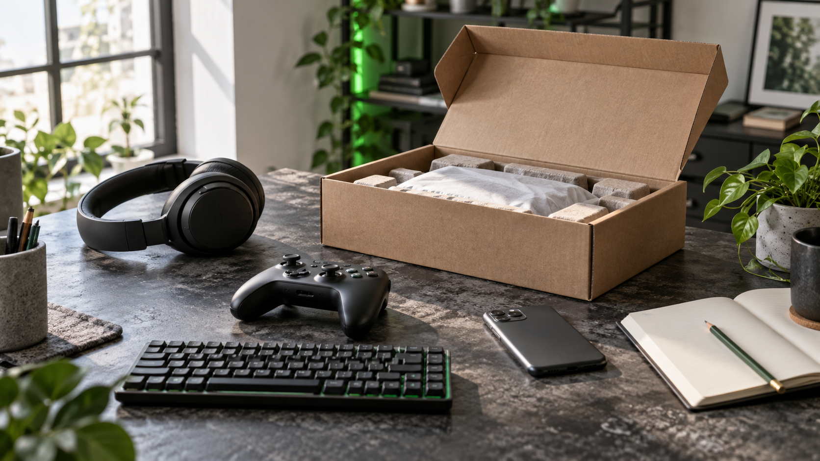 Illustration : casque, manette, smartphone et colis ouvert sur un bureau.