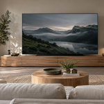 Grand téléviseur à écran plat installé sur un meuble bas dans un salon lumineux