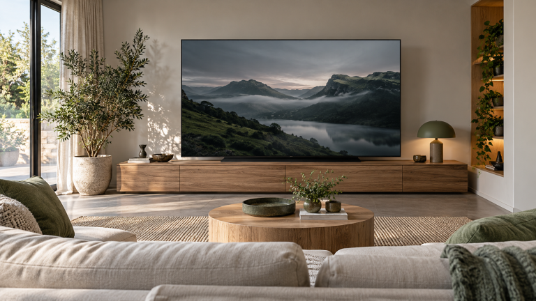 Grand téléviseur à écran plat installé sur un meuble bas dans un salon lumineux
